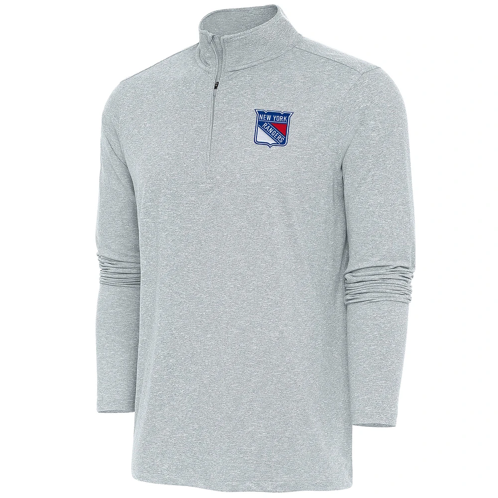 Men's Antigua Heather Gray New York Rangers Hunk Quarter-Zip Pullover Top