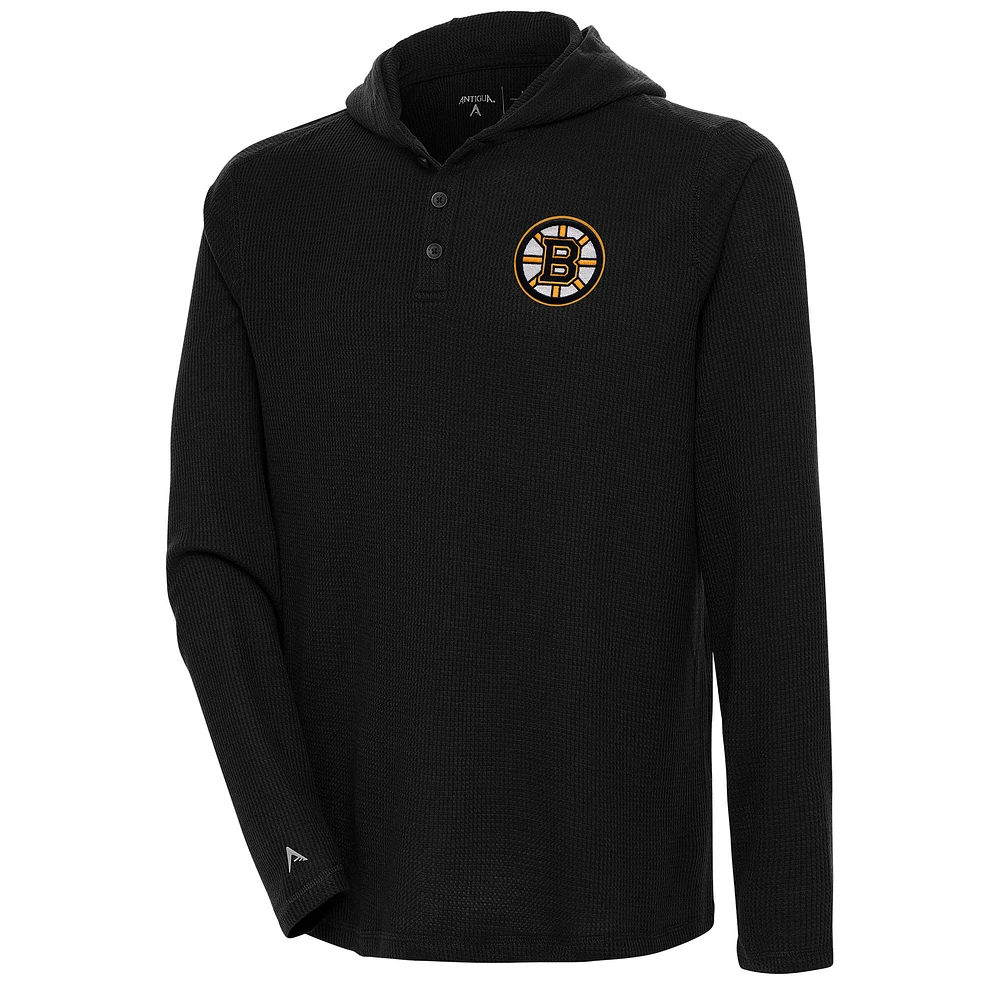 Men's Antigua Black Boston Bruins Strong Hold Long Sleeve Henley Hoodie T-Shirt