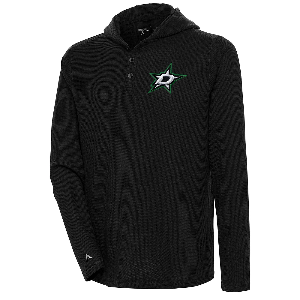 Men's Antigua Black Dallas Stars Strong Hold Long Sleeve Henley Hoodie T-Shirt