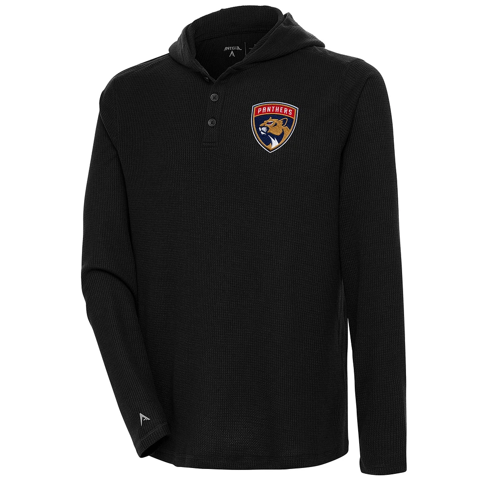 Men's Antigua Black Florida Panthers Strong Hold Long Sleeve Henley Hoodie T-Shirt