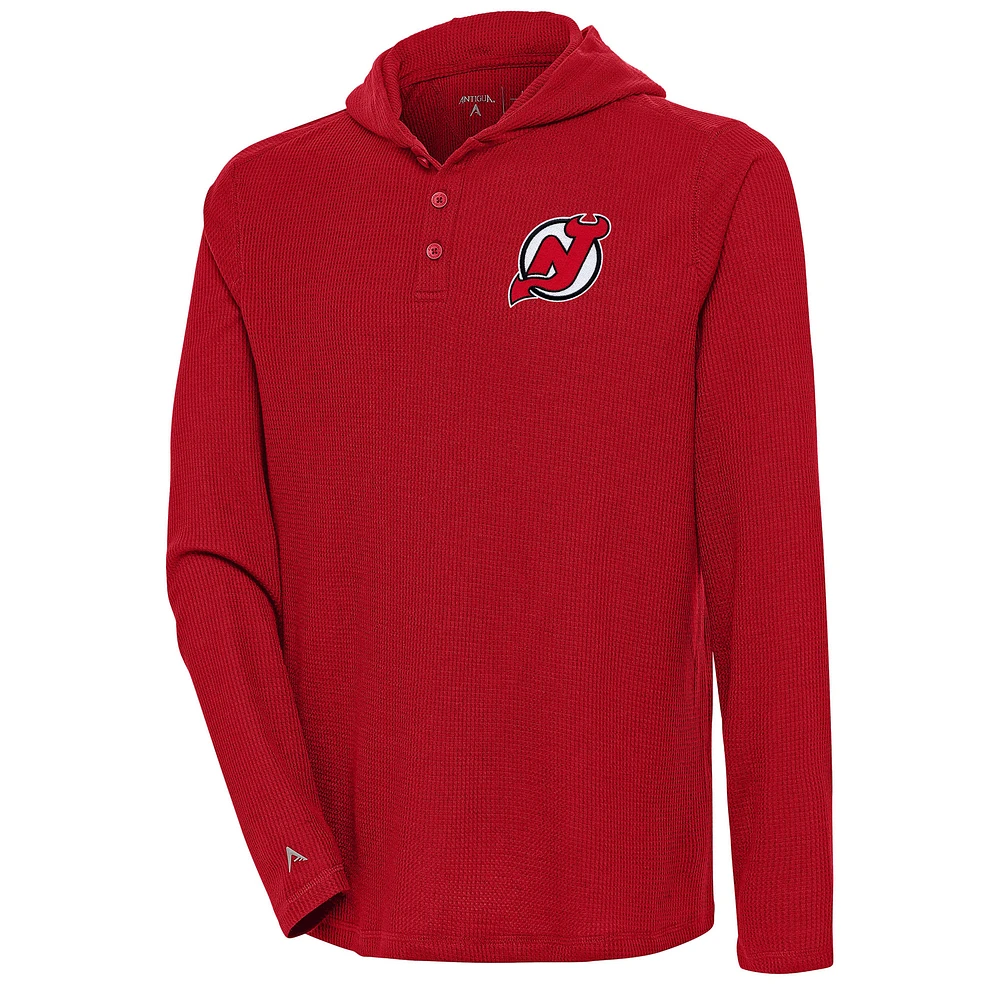 Men's Antigua Red New Jersey Devils Strong Hold Long Sleeve Henley Hoodie T-Shirt
