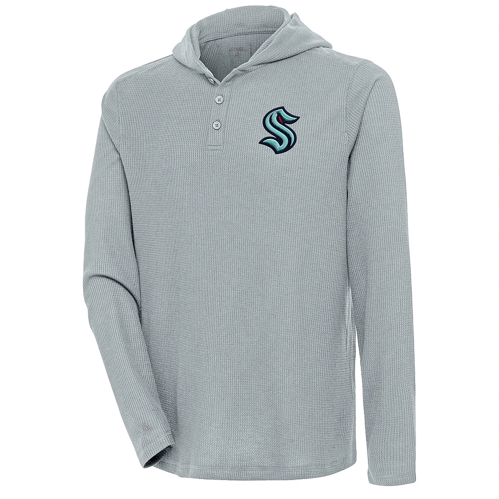 Men's Antigua Seattle Kraken Strong Hold Long Sleeve Henley Hoodie T-Shirt