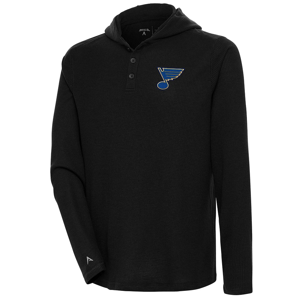 Men's Antigua Black St. Louis Blues Strong Hold Long Sleeve Henley Hoodie T-Shirt