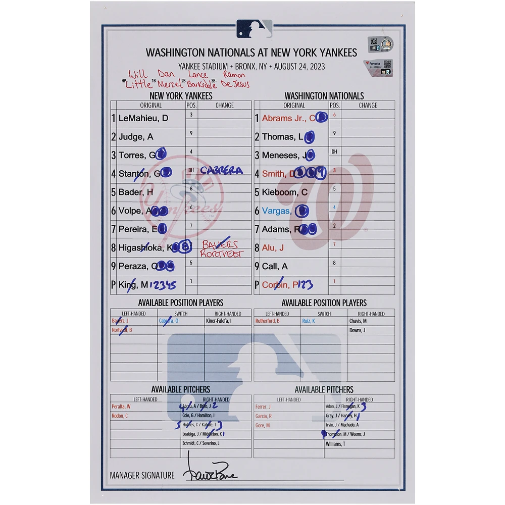 New York Yankees Game-Used Lineup Card vs. Washington Nationals on August 24, 2023 - Everson Pereira First Career Hit