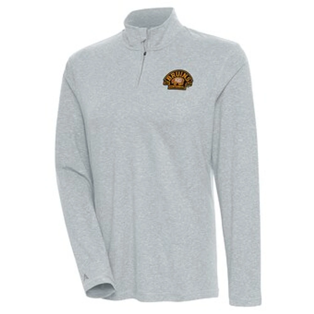 Women's Antigua Heather Gray Boston Bruins 100th Anniversary Confront Quarter-Zip Pullover Top