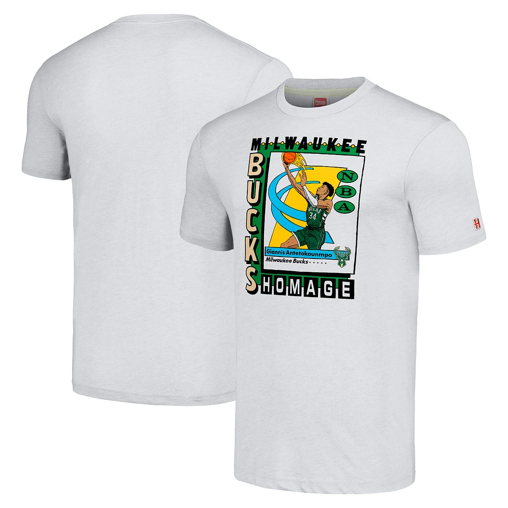 Unisex Homage Giannis Antetokounmpo Heather Gray Milwaukee Bucks SkyBox Player Tri-Blend T-Shirt