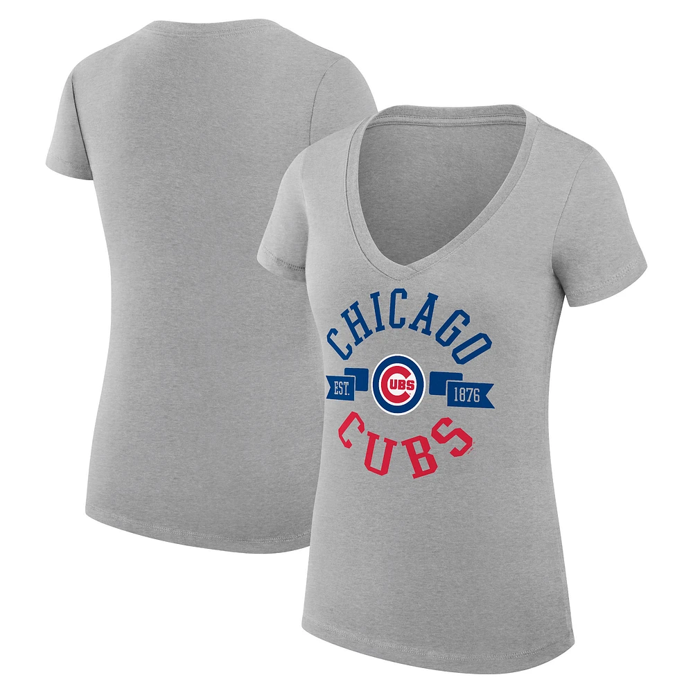 Women's G-III 4Her by Carl Banks Heather Gray Chicago Cubs Super-Slim Fit Lightweight City Graphic V-Neck T-Shirt