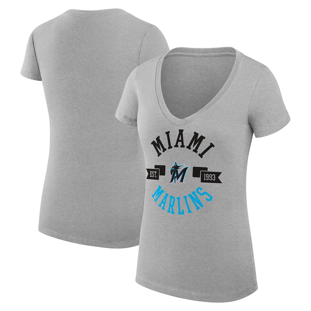 Women's G-III 4Her by Carl Banks Heather Gray Miami Marlins Super-Slim Fit Lightweight City Graphic V-Neck T-Shirt