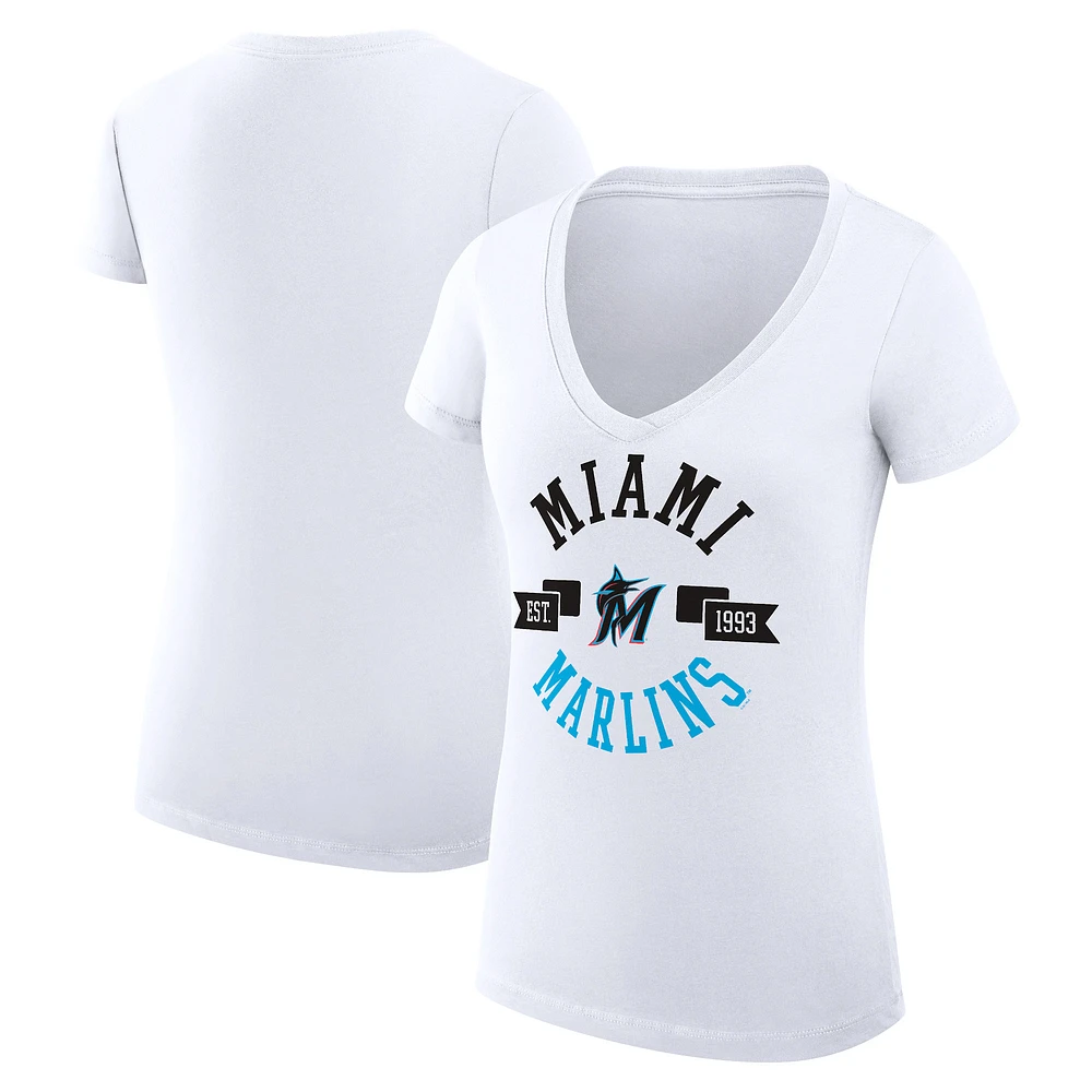 Women's G-III 4Her by Carl Banks White Miami Marlins Super-Slim Fit Lightweight City Graphic V-Neck T-Shirt