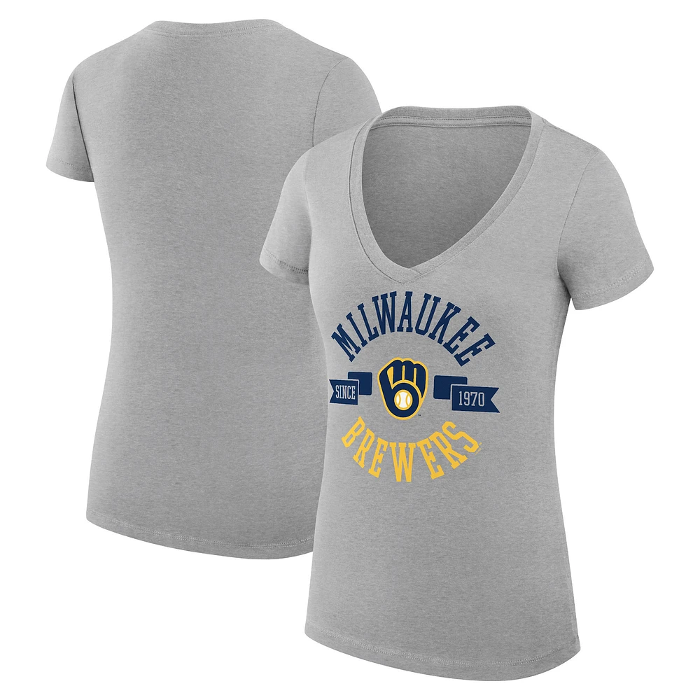 Women's G-III 4Her by Carl Banks Heather Gray Milwaukee Brewers Super-Slim Fit Lightweight City Graphic V-Neck T-Shirt