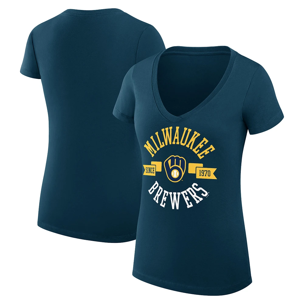Women's G-III 4Her by Carl Banks Navy Milwaukee Brewers Super-Slim Fit Lightweight City Graphic V-Neck T-Shirt