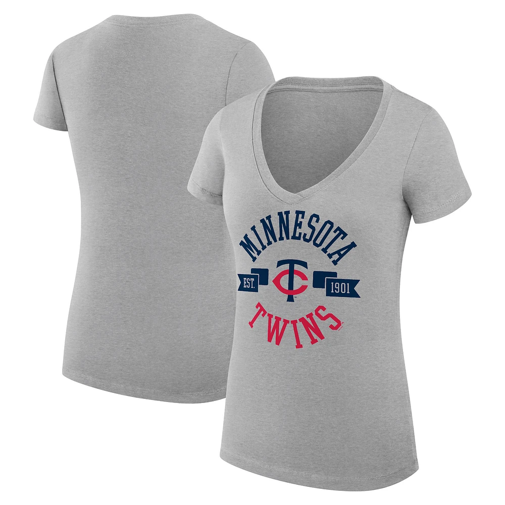 Women's G-III 4Her by Carl Banks Heather Gray Minnesota Twins Super-Slim Fit Lightweight City Graphic V-Neck T-Shirt