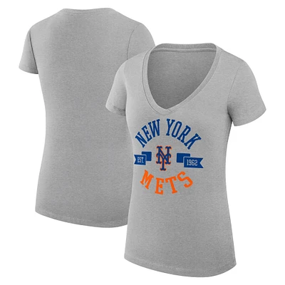 Women's G-III 4Her by Carl Banks Heather Gray New York Mets Super-Slim Fit Lightweight City Graphic V-Neck T-Shirt