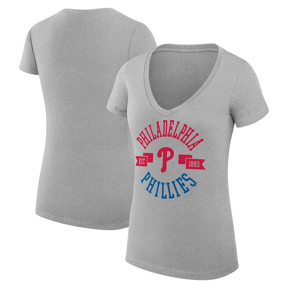 Women's G-III 4Her by Carl Banks Heather Gray Philadelphia Phillies Super-Slim Fit Lightweight City Graphic V-Neck T-Shirt