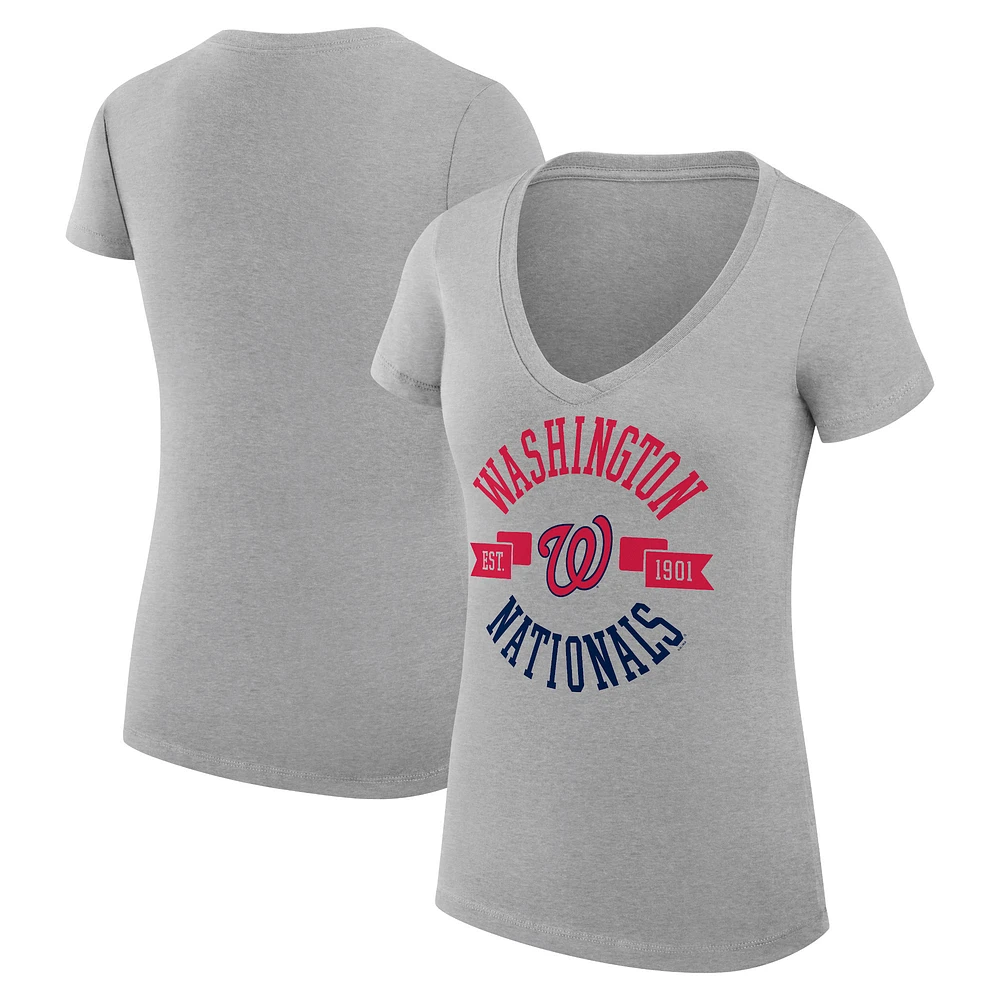 Women's G-III 4Her by Carl Banks Heather Gray Washington Nationals Super-Slim Fit Lightweight City Graphic V-Neck T-Shirt