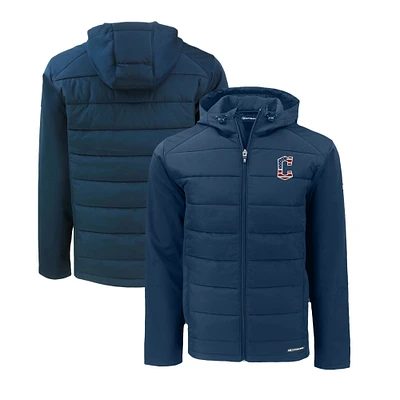 Men's Cutter & Buck Navy Cleveland Guardians Stars Stripes Evoke Hybrid Eco Softshell Recycled Full-Zip Hoodie Jacket