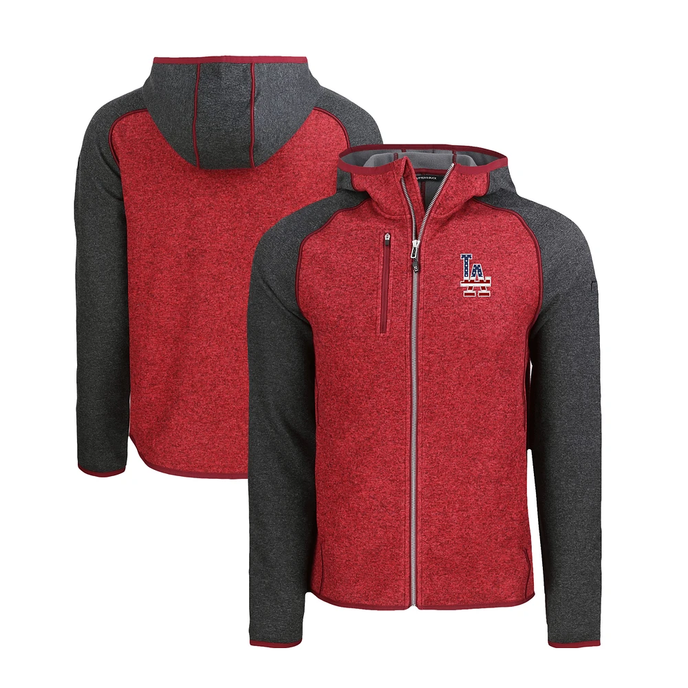 Men's Cutter & Buck Heather Red/Heather Charcoal Los Angeles Dodgers Stars Stripes Mainsail Sweater-Knit Full-Zip Hoodie