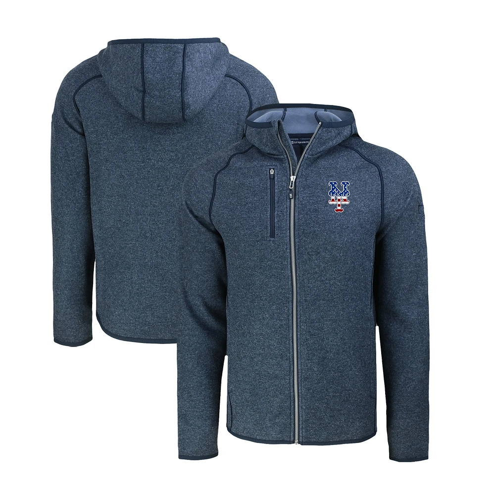 Men's Cutter & Buck Heather Navy New York Mets Stars Stripes Mainsail Sweater-Knit Full-Zip Hoodie