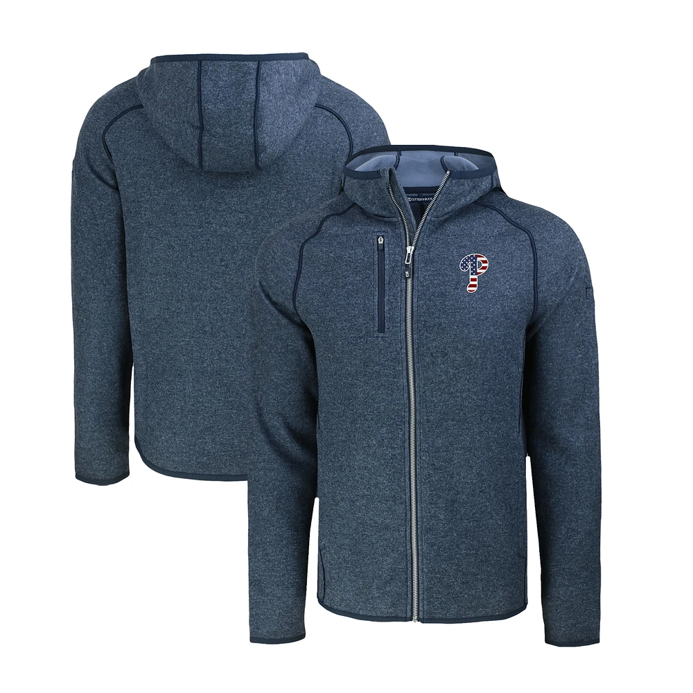 Men's Cutter & Buck Heather Navy Philadelphia Phillies Stars Stripes Mainsail Sweater-Knit Full-Zip Hoodie