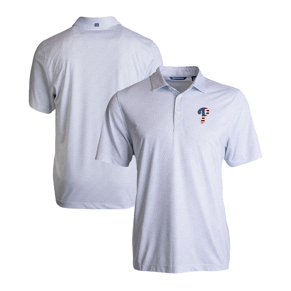 Men's Cutter & Buck White Philadelphia Phillies Stars Stripes Pike Eco Pebble Print Stretch Recycled Polo