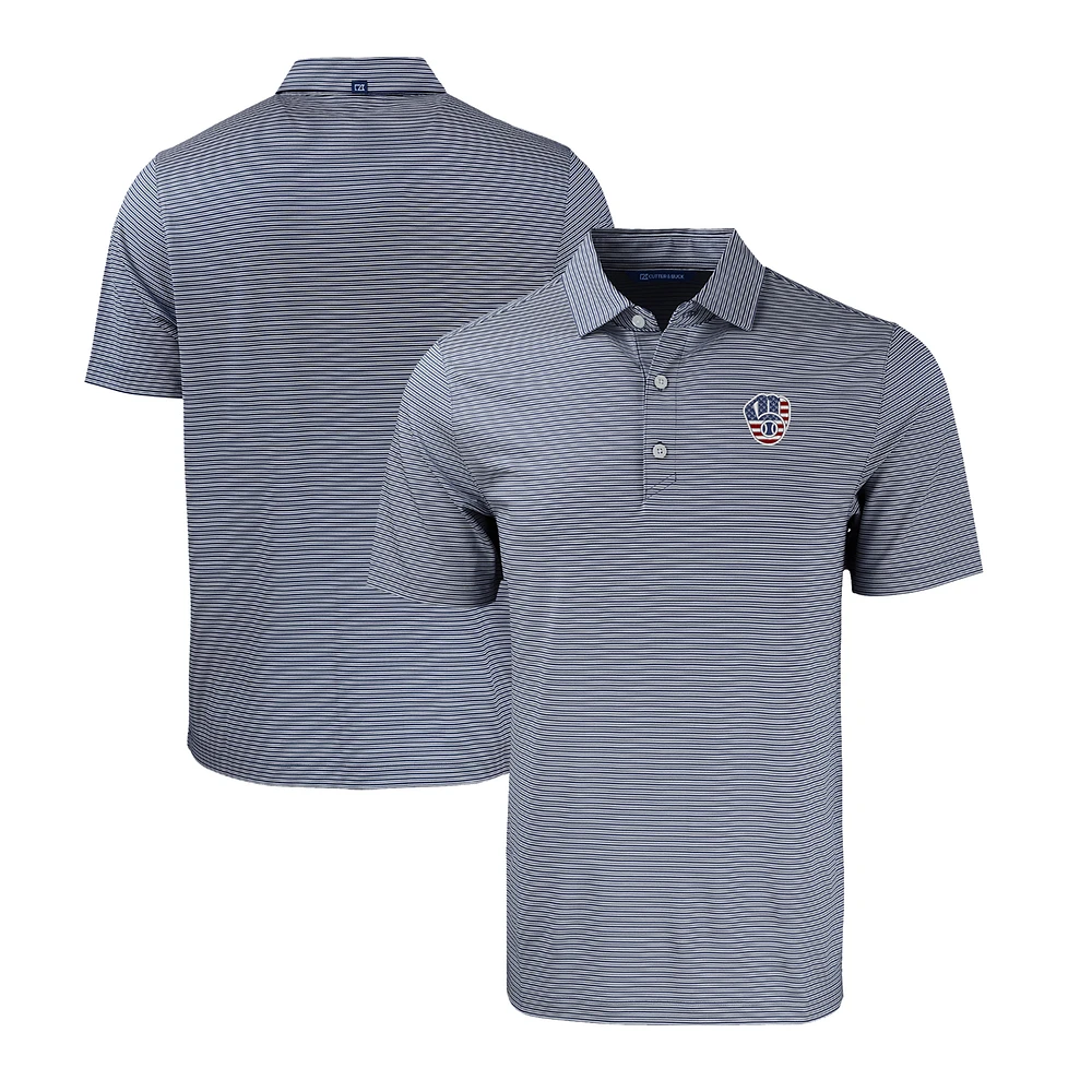 Men's Cutter & Buck Navy/White Milwaukee Brewers Stars Stripes Forge Eco Double Stripe Stretch Recycled Polo
