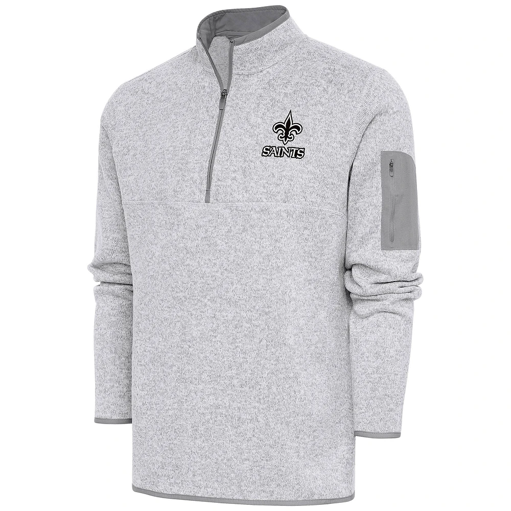 Men's Antigua Heather Gray New Orleans Saints Metallic Logo Fortune Quarter-Zip Pullover Jacket