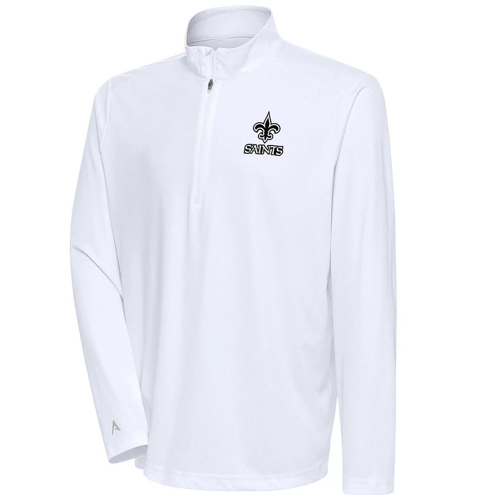 Men's Antigua White New Orleans Saints Metallic Logo Tribute Quarter-Zip Pullover Top