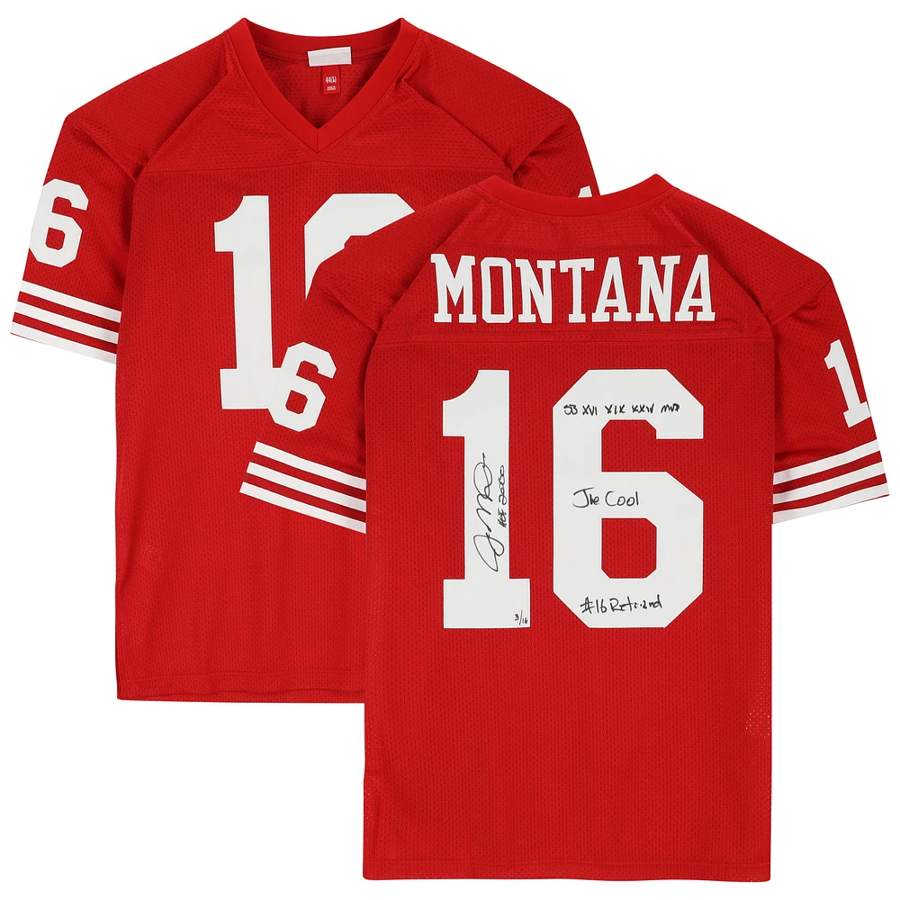 Joe Montana San Francisco 49ers Autographed Mitchell & Ness Replica Jersey with Career Accomplishment Inscriptions - Limited Edition of 16