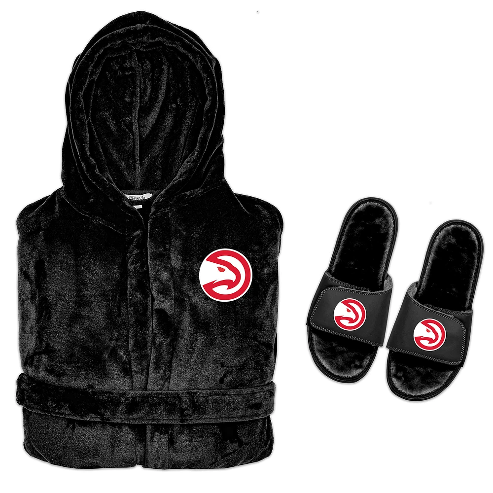 Men's ISlide Black Atlanta Hawks Hooded Phantom Robe & Fur Slide Bundle