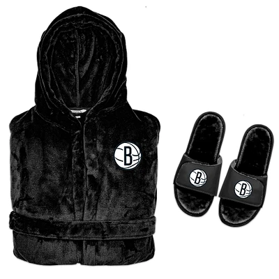 Men's ISlide Black Brooklyn Nets Hooded Phantom Robe & Fur Slide Bundle