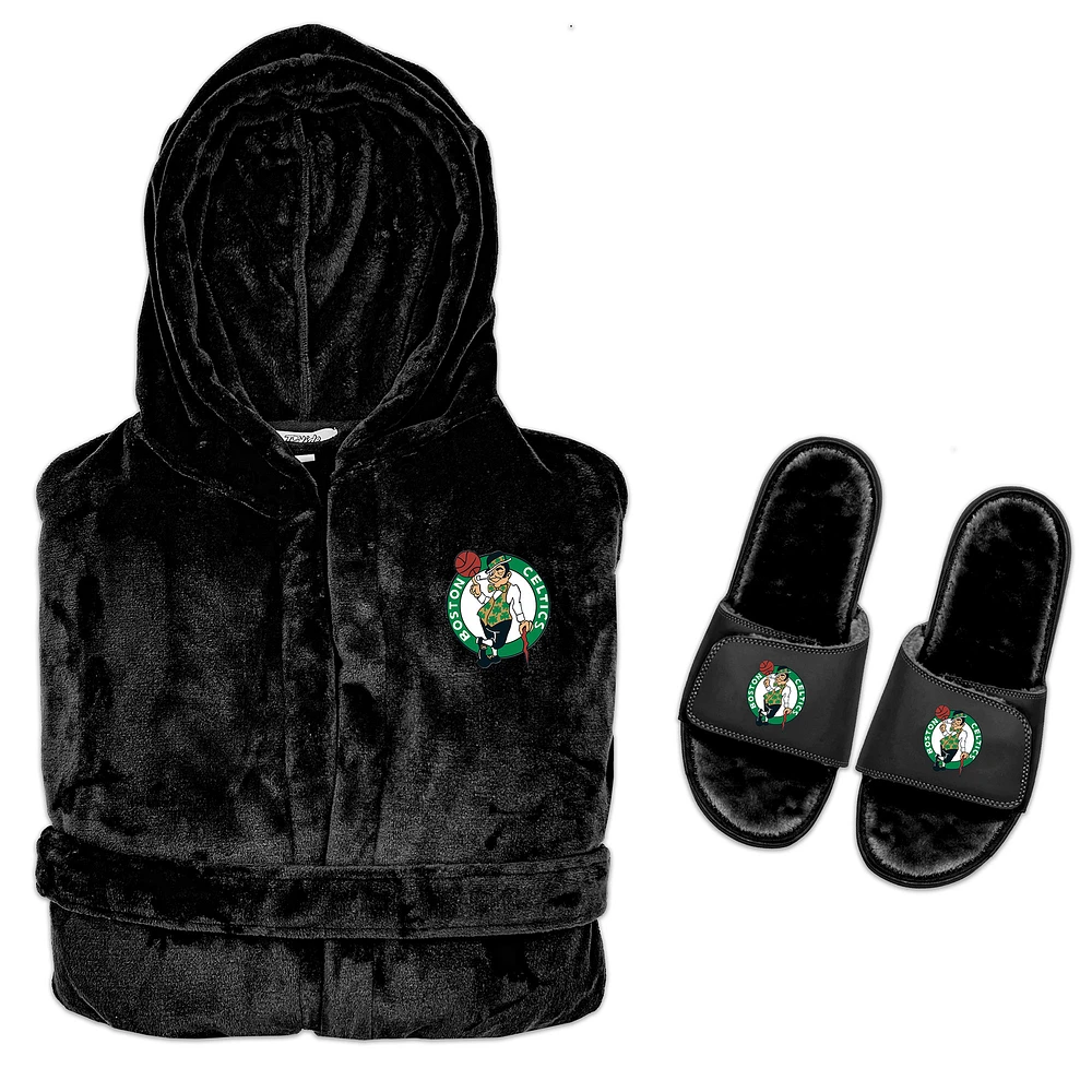 Men's ISlide Black Boston Celtics Hooded Phantom Robe & Fur Slide Bundle