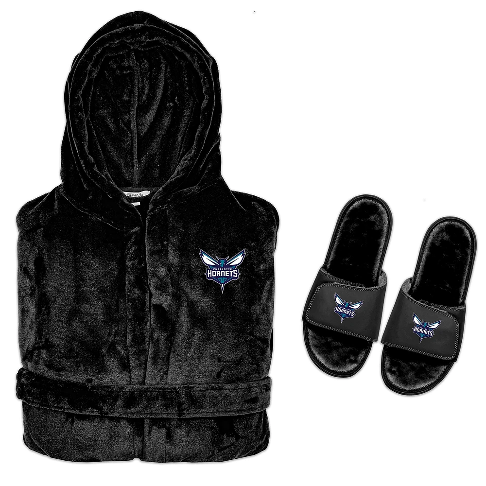 Men's ISlide Black Charlotte Hornets Hooded Phantom Robe & Fur Slide Bundle