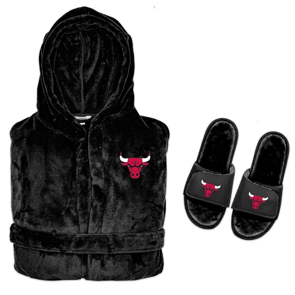 Men's ISlide Black Chicago Bulls Hooded Phantom Robe & Fur Slide Bundle