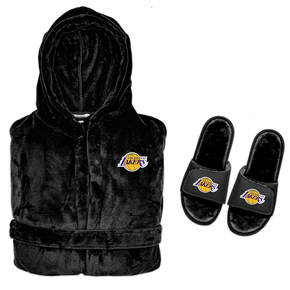 Men's ISlide Black Los Angeles Lakers Hooded Phantom Robe & Fur Slide Bundle