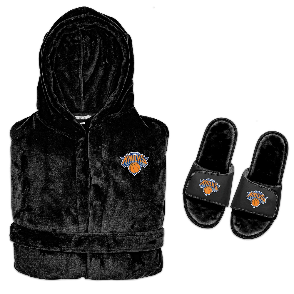 Men's ISlide Black New York Knicks Hooded Phantom Robe & Fur Slide Bundle