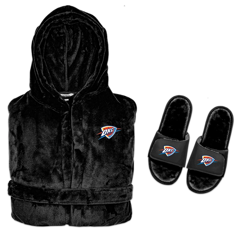Men's ISlide Black Oklahoma City Thunder Hooded Phantom Robe & Fur Slide Bundle