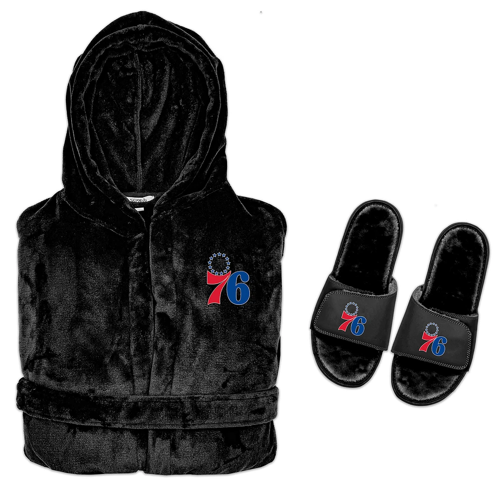 Men's ISlide Black Philadelphia 76ers Hooded Phantom Robe & Fur Slide Bundle