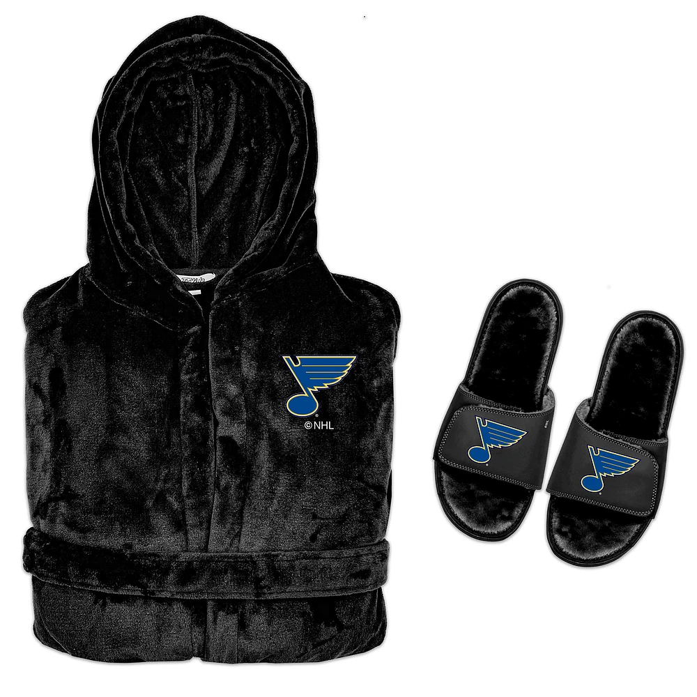 Men's ISlide Black St. Louis Blues Hooded Phantom Robe & Fur Slide Bundle