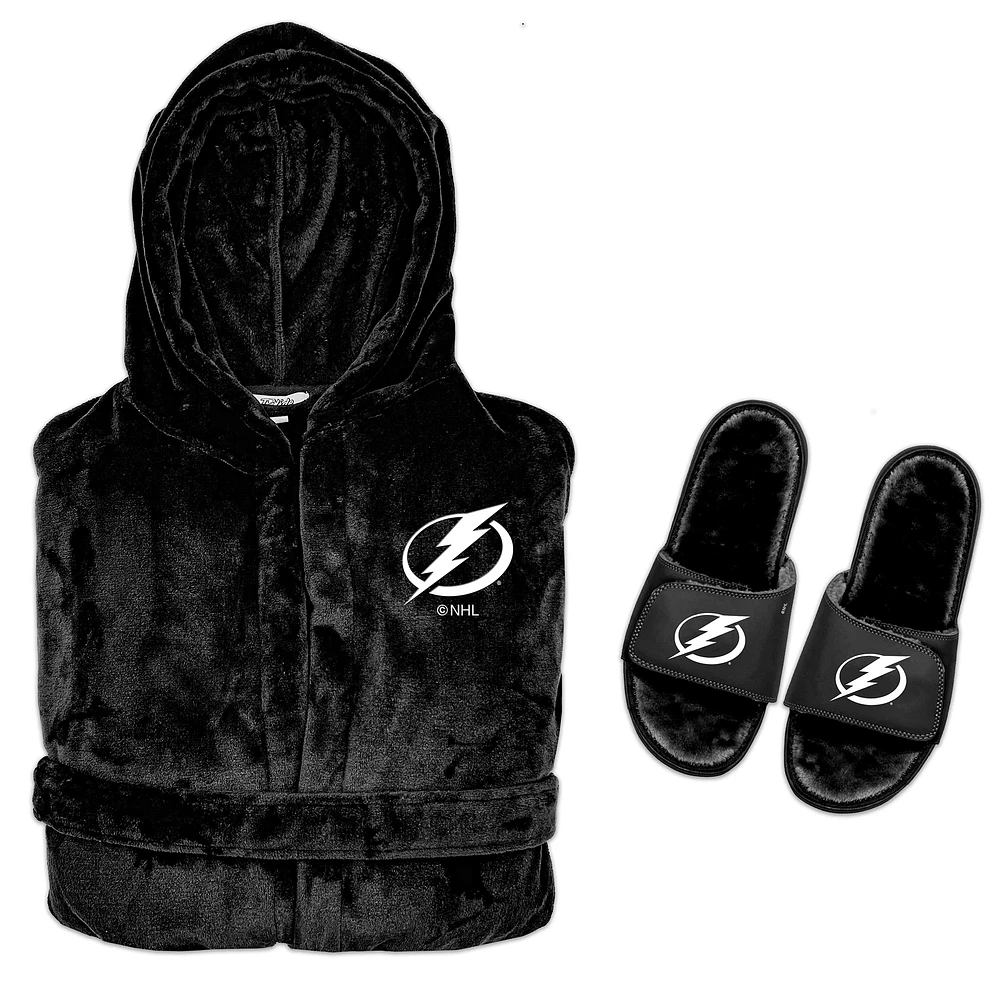 Men's ISlide Black Tampa Bay Lightning Hooded Phantom Robe & Fur Slide Bundle