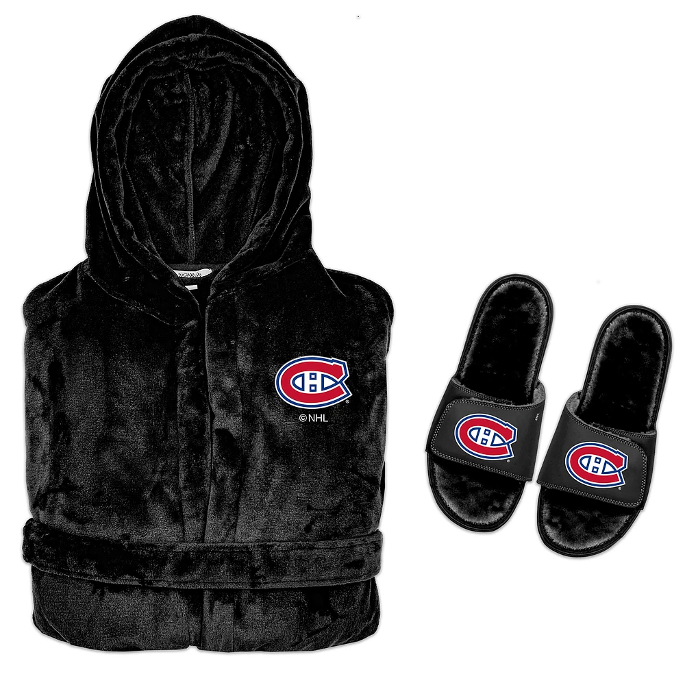 Men's ISlide Black Montreal Canadiens Hooded Phantom Robe & Fur Slide Bundle