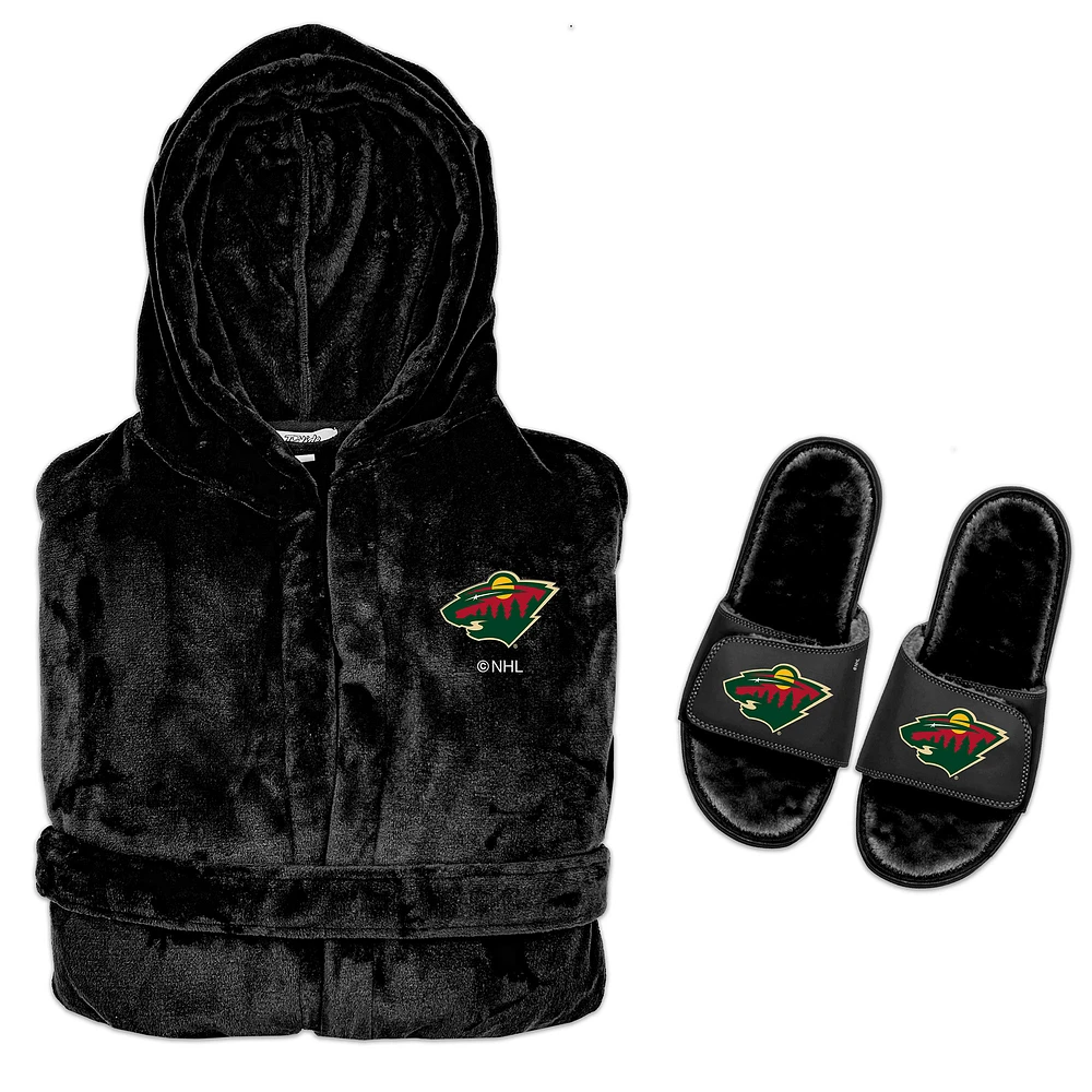 Men's ISlide Black Minnesota Wild Hooded Phantom Robe & Fur Slide Bundle