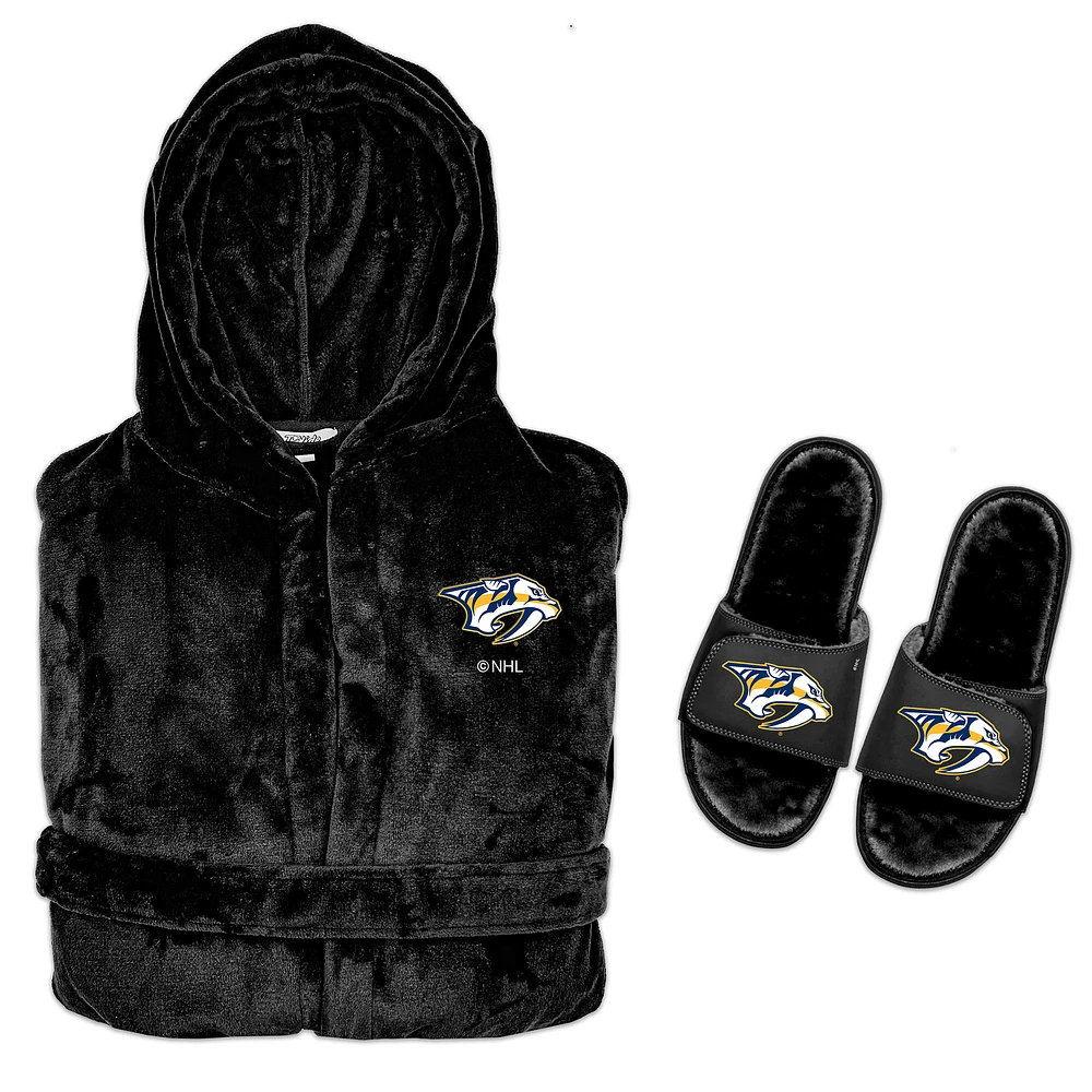 Men's ISlide Black Nashville Predators Hooded Phantom Robe & Fur Slide Bundle