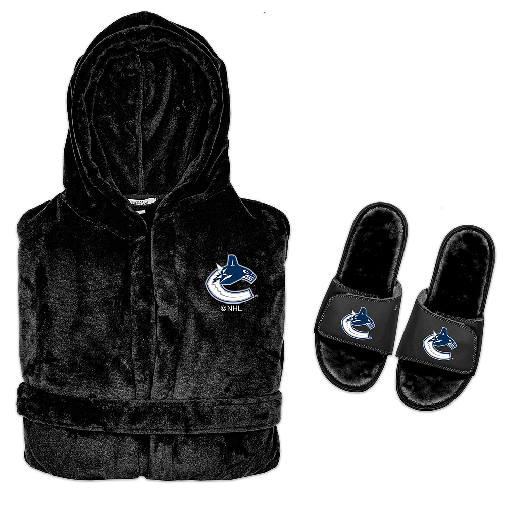 Men's ISlide Black Vancouver Canucks Hooded Phantom Robe & Fur Slide Bundle