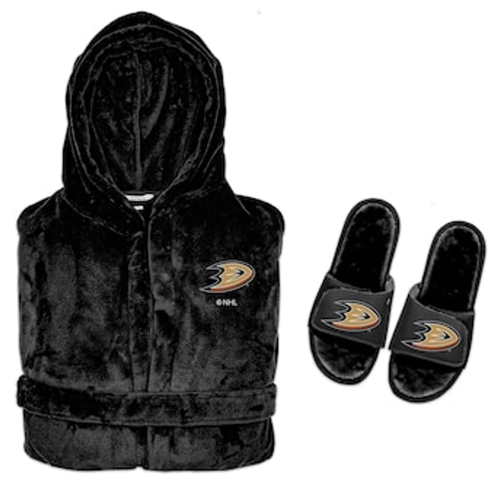 Men's ISlide Black Anaheim Ducks Hooded Phantom Robe & Fur Slide Bundle