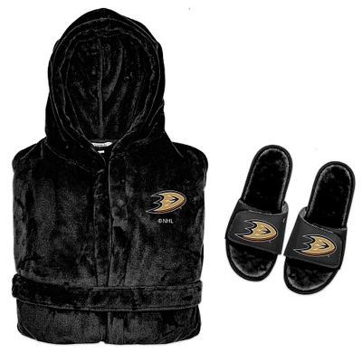 Men's ISlide Black Anaheim Ducks Hooded Phantom Robe & Fur Slide Bundle
