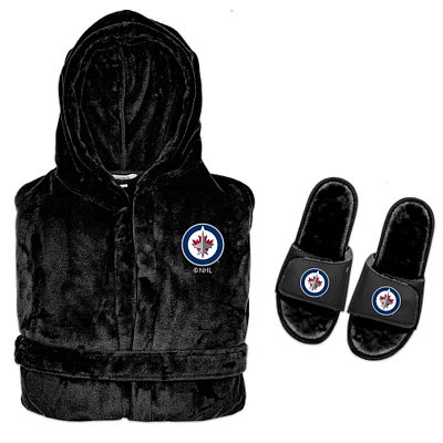 Men's ISlide Black Winnipeg Jets Hooded Phantom Robe & Fur Slide Bundle