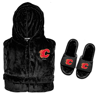 Men's ISlide Black Calgary Flames Hooded Phantom Robe & Fur Slide Bundle
