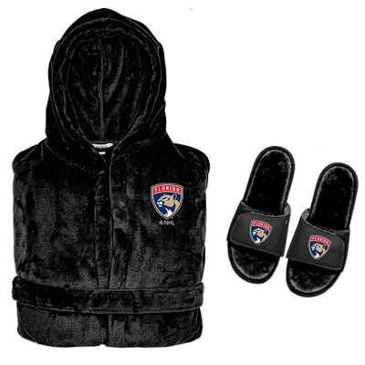 Men's ISlide Black Florida Panthers Hooded Phantom Robe & Fur Slide Bundle