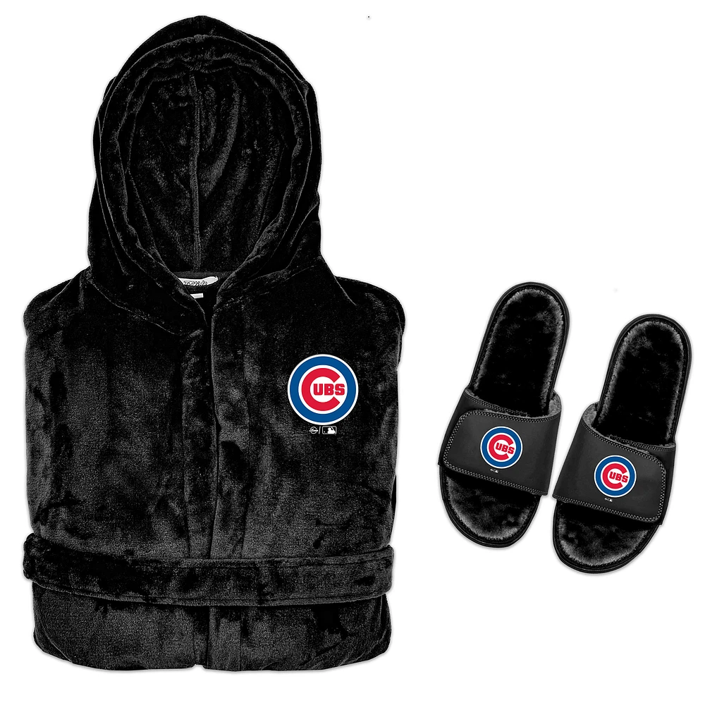 Men's ISlide Black Chicago Cubs Hooded Phantom Robe & Fur Slide Bundle