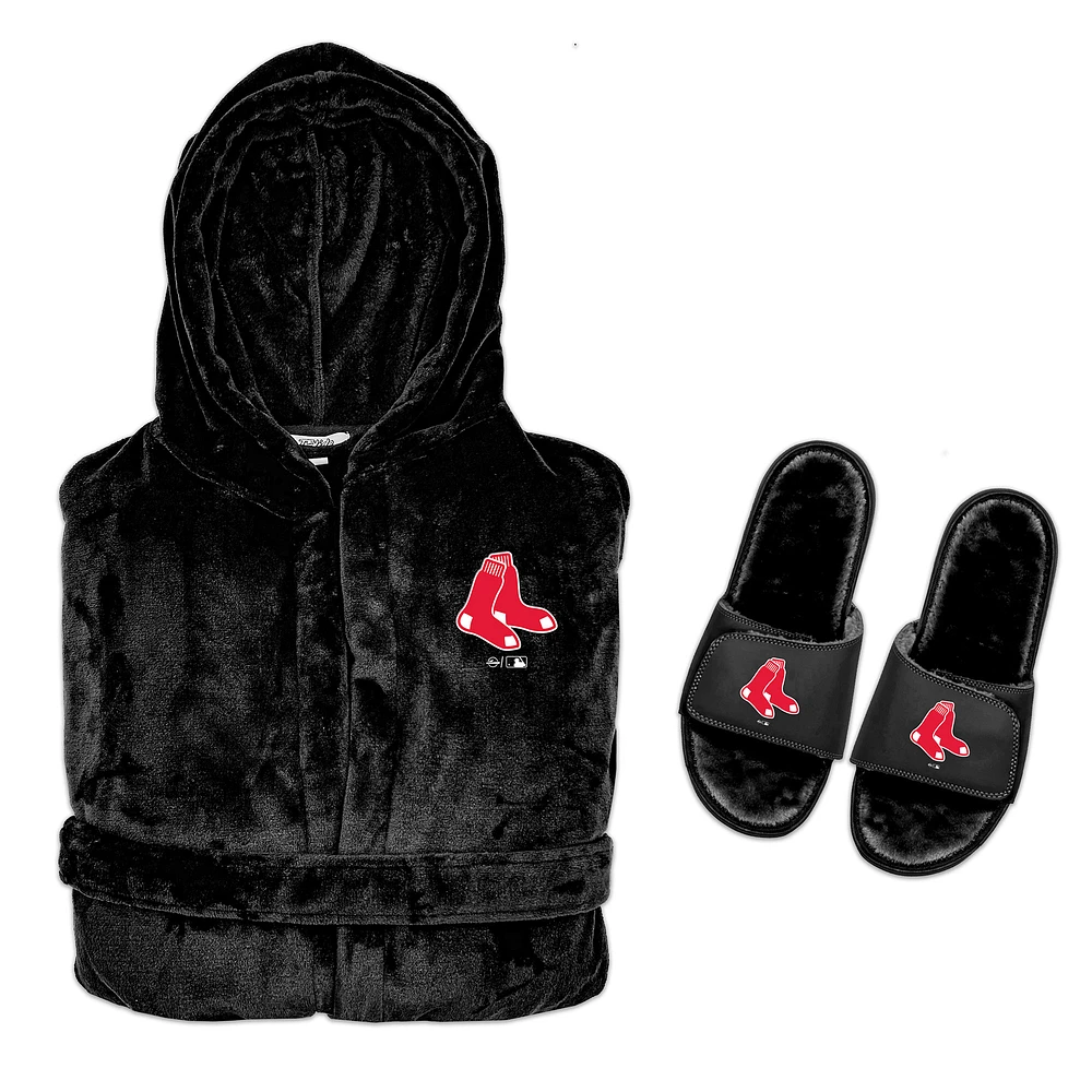 Men's ISlide Black Boston Red Sox Hooded Phantom Robe & Fur Slide Bundle